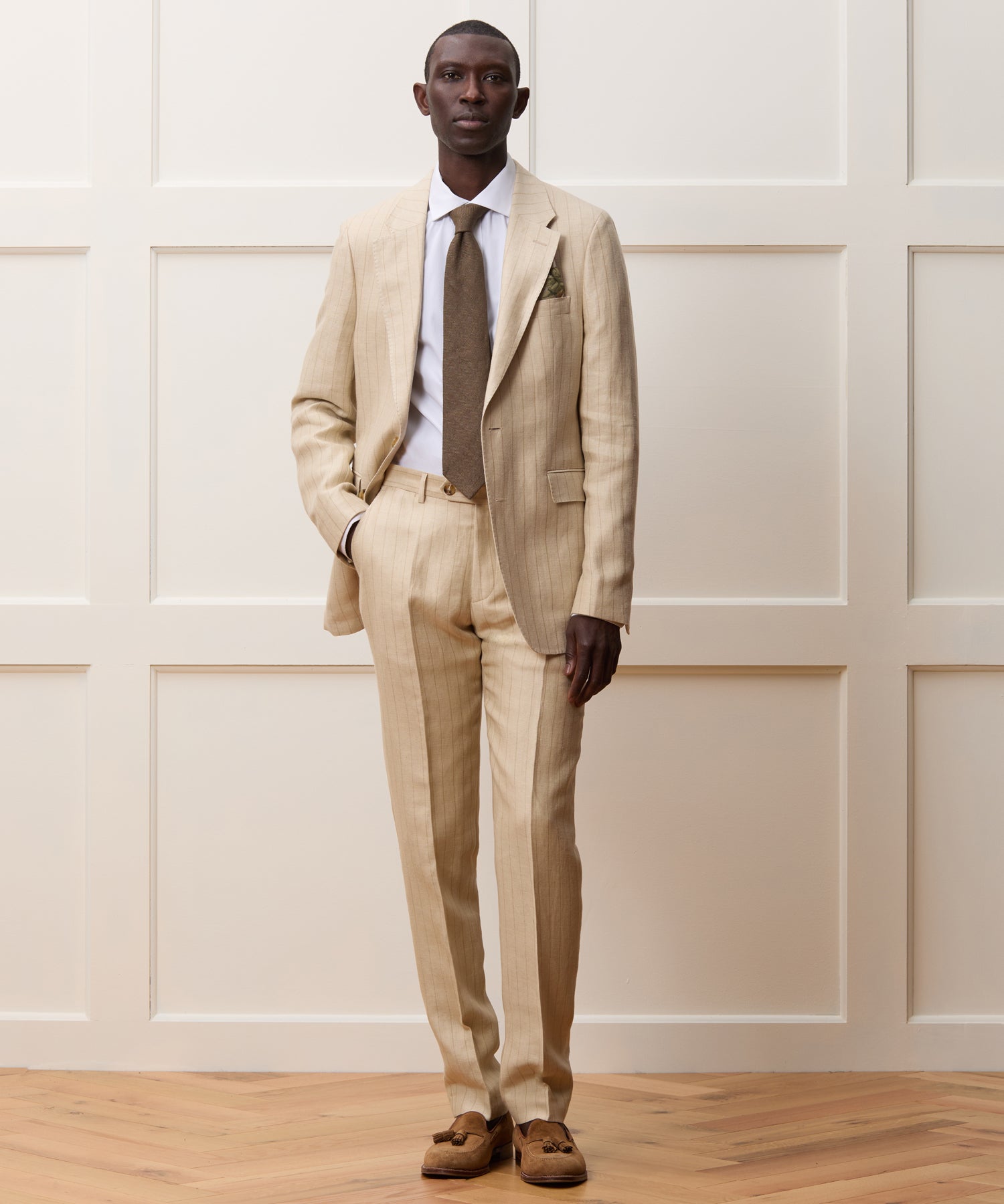 Italian Linen-Silk Sutton Jacket in Tan Pinstripe - Image 3