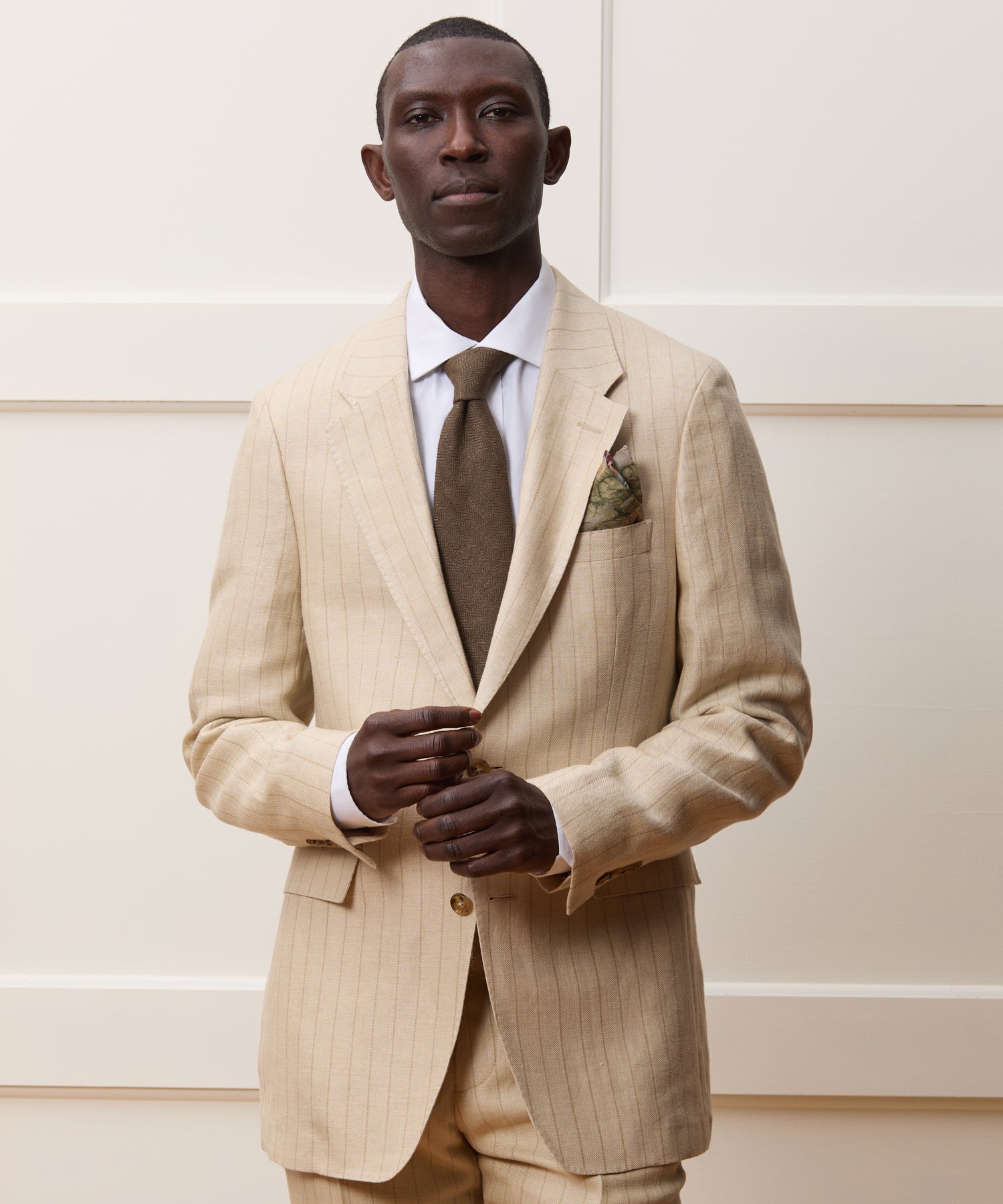 Italian Linen-Silk Sutton Jacket in Tan Pinstripe - Image 2
