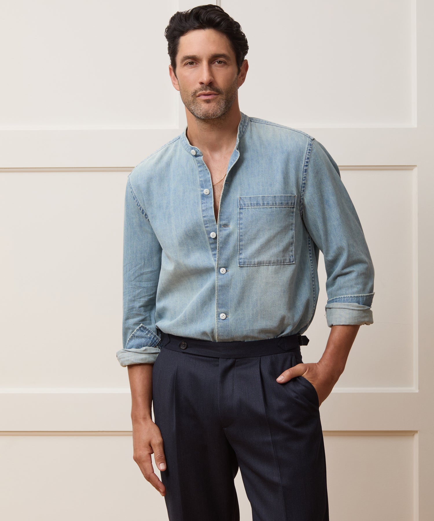 Relaxed Denim Band Collar Shirt - Image 2