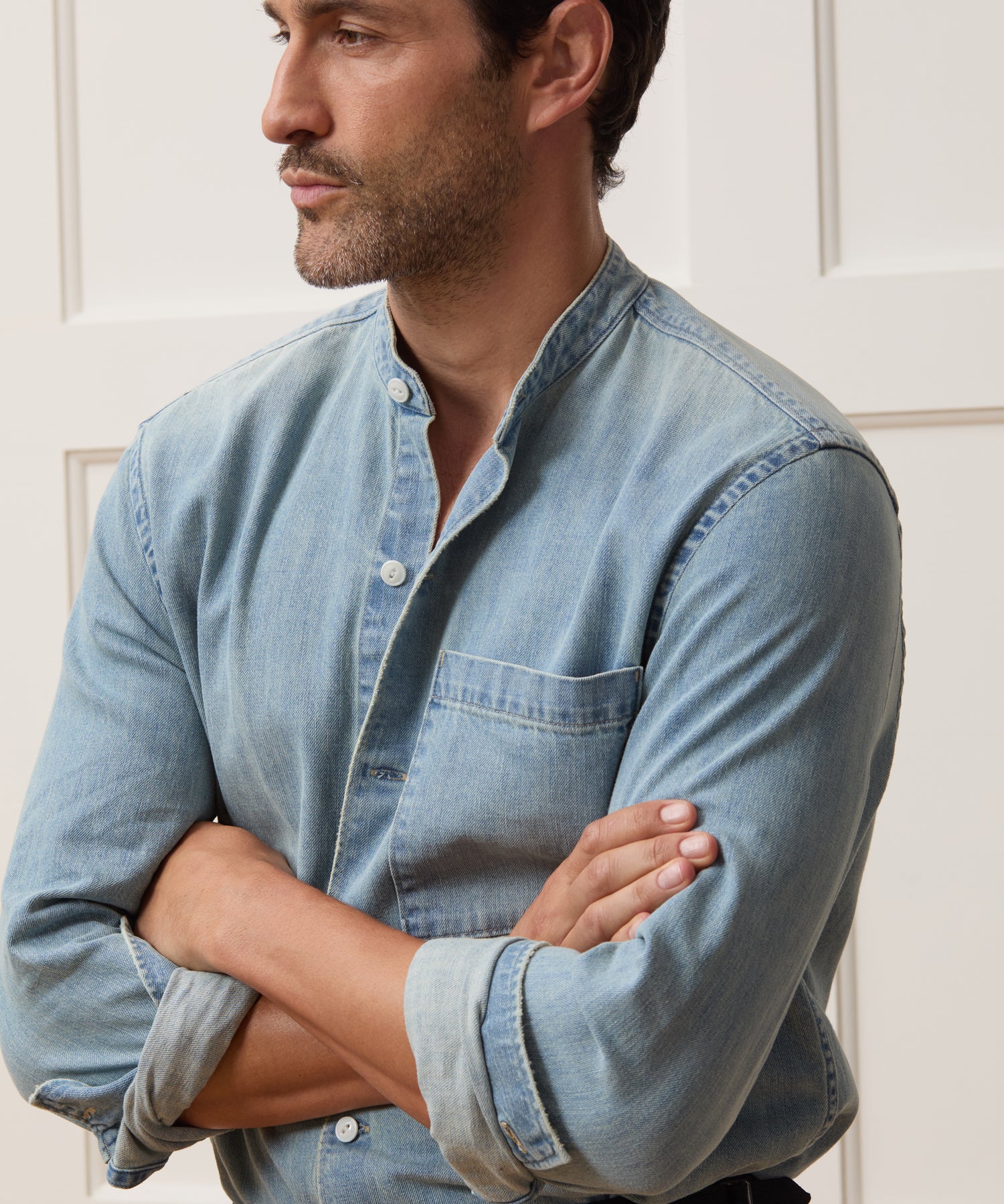 Relaxed Denim Band Collar Shirt - Image 3