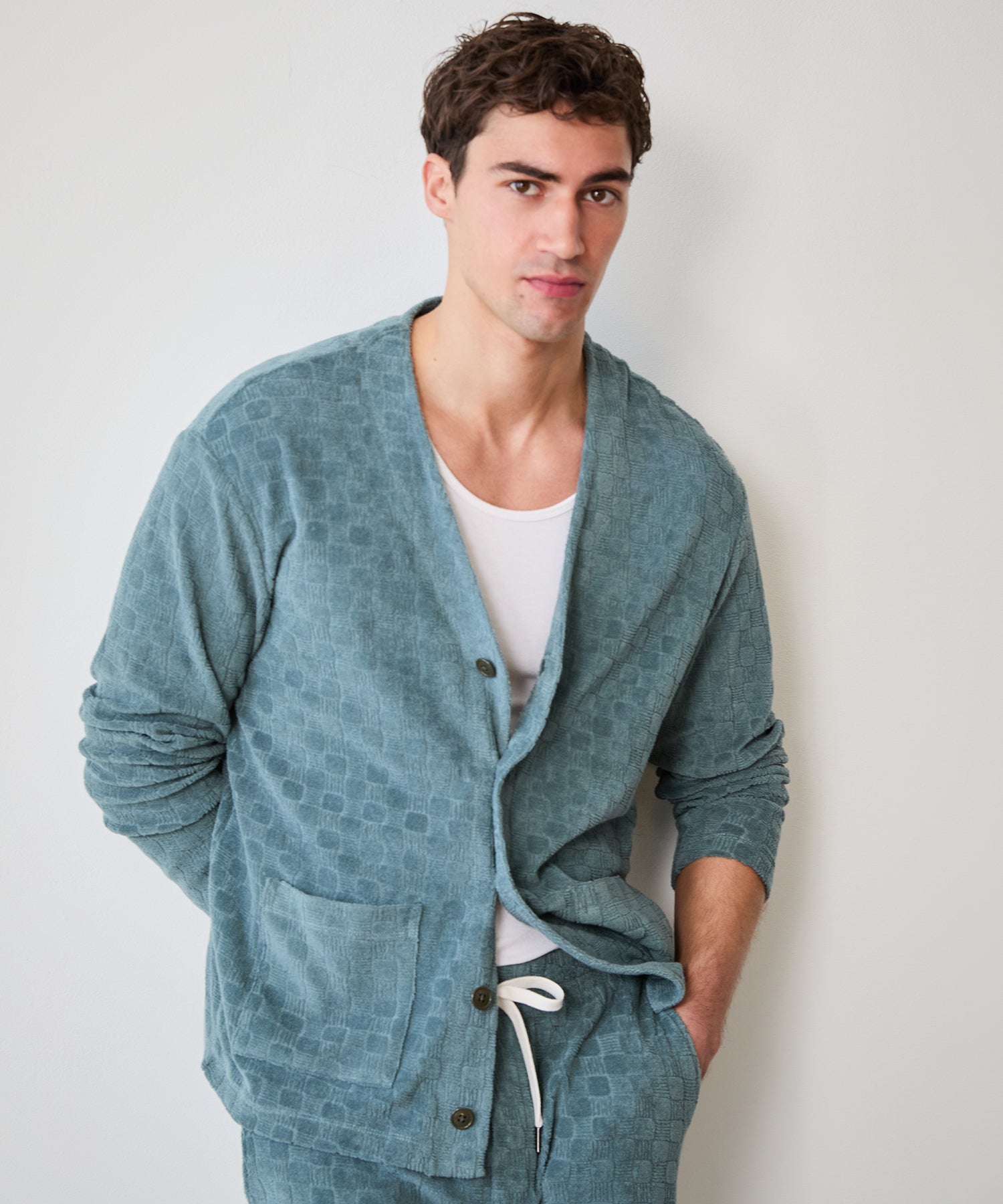 Tile Terry Cardigan in Green Pewter - Image 2