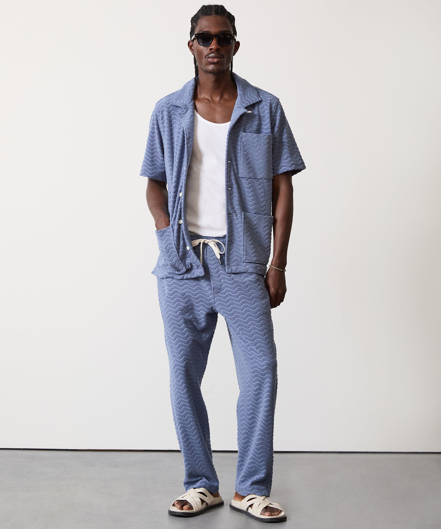 Wave Jacquard Terry Guayabera Polo Shirt in Steel Blue - Image 2