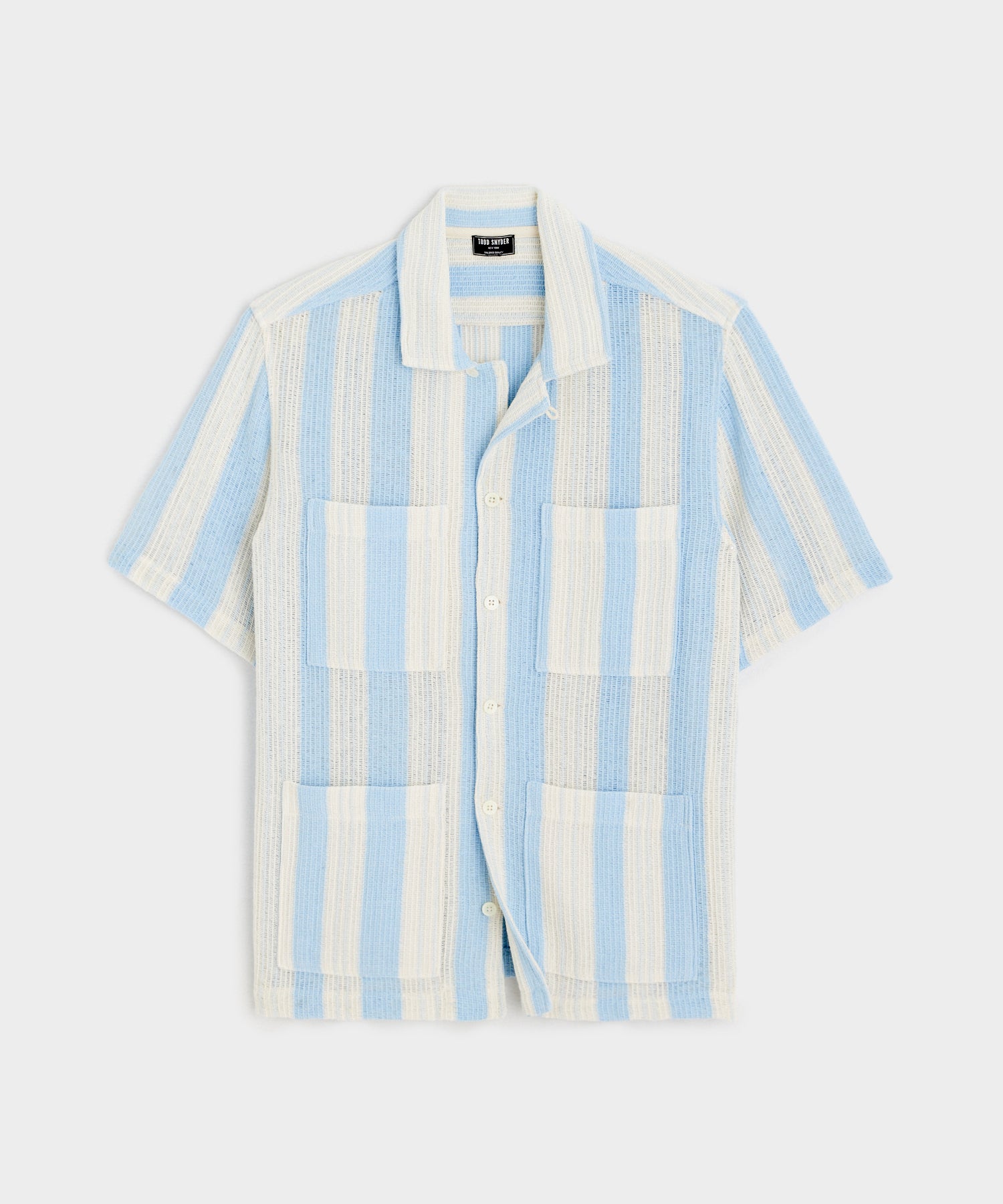 Striped Open-Knit Guayabera Polo Shirt in Blue Haze