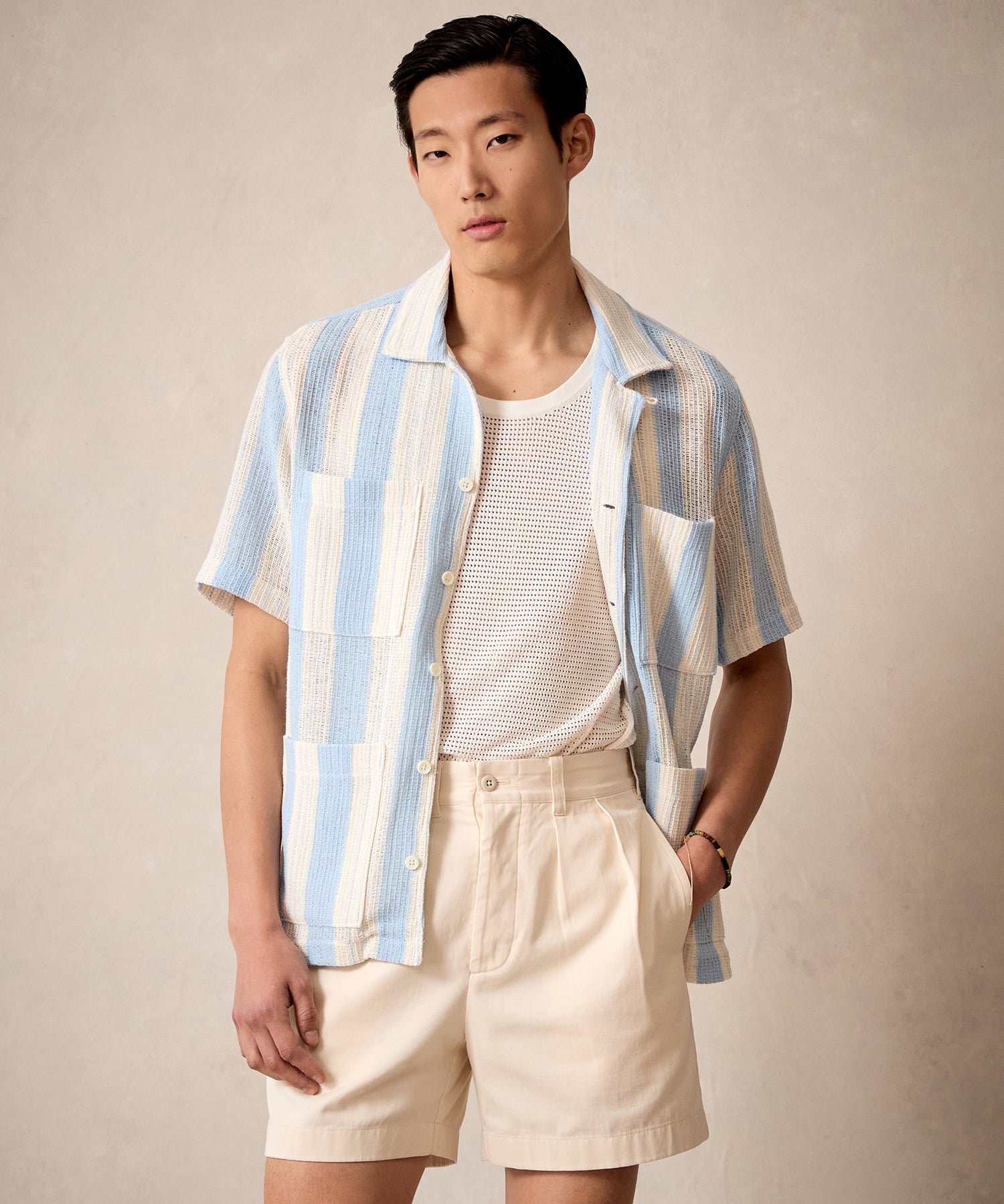 Striped Open-Knit Guayabera Polo Shirt in Blue Haze - Image 2