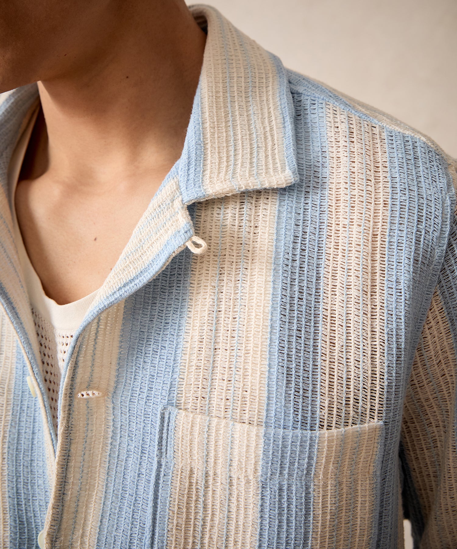 Striped Open-Knit Guayabera Polo Shirt in Blue Haze - Image 4