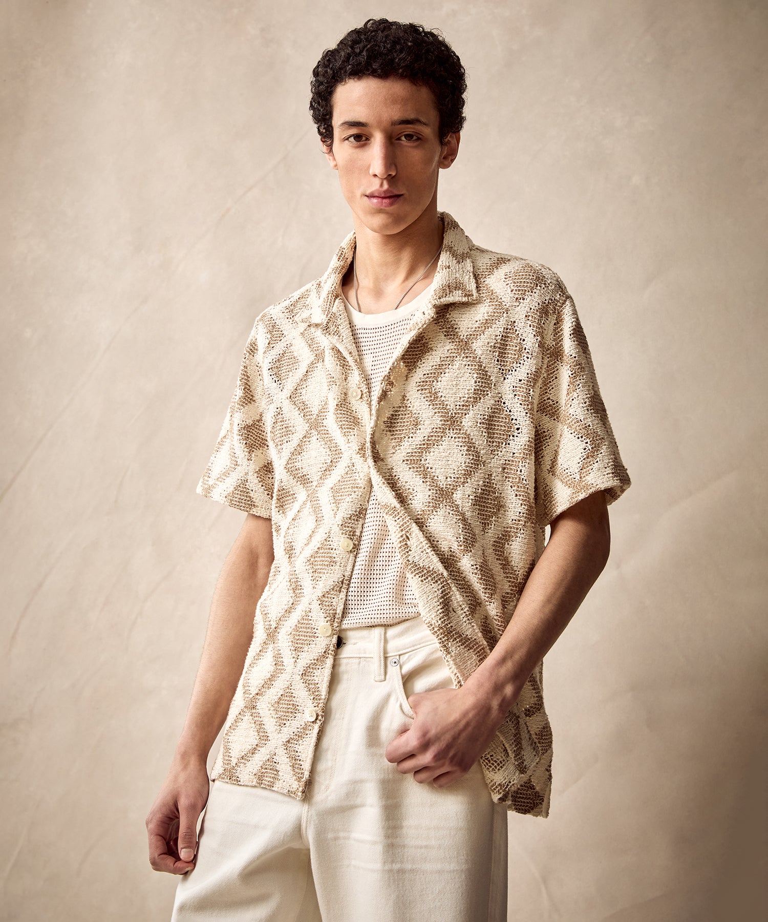Diamond Open-Knit Cabana Shirt in Chalk - Image 3