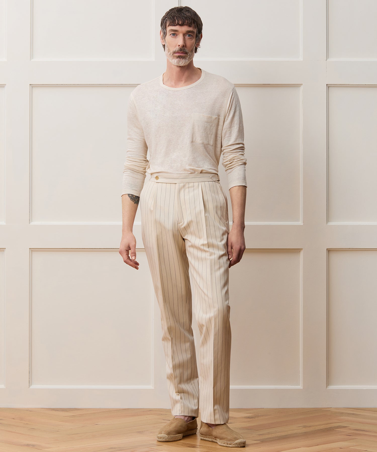 Italian Cotton Linen Striped Side Tab Trouser - Image 3