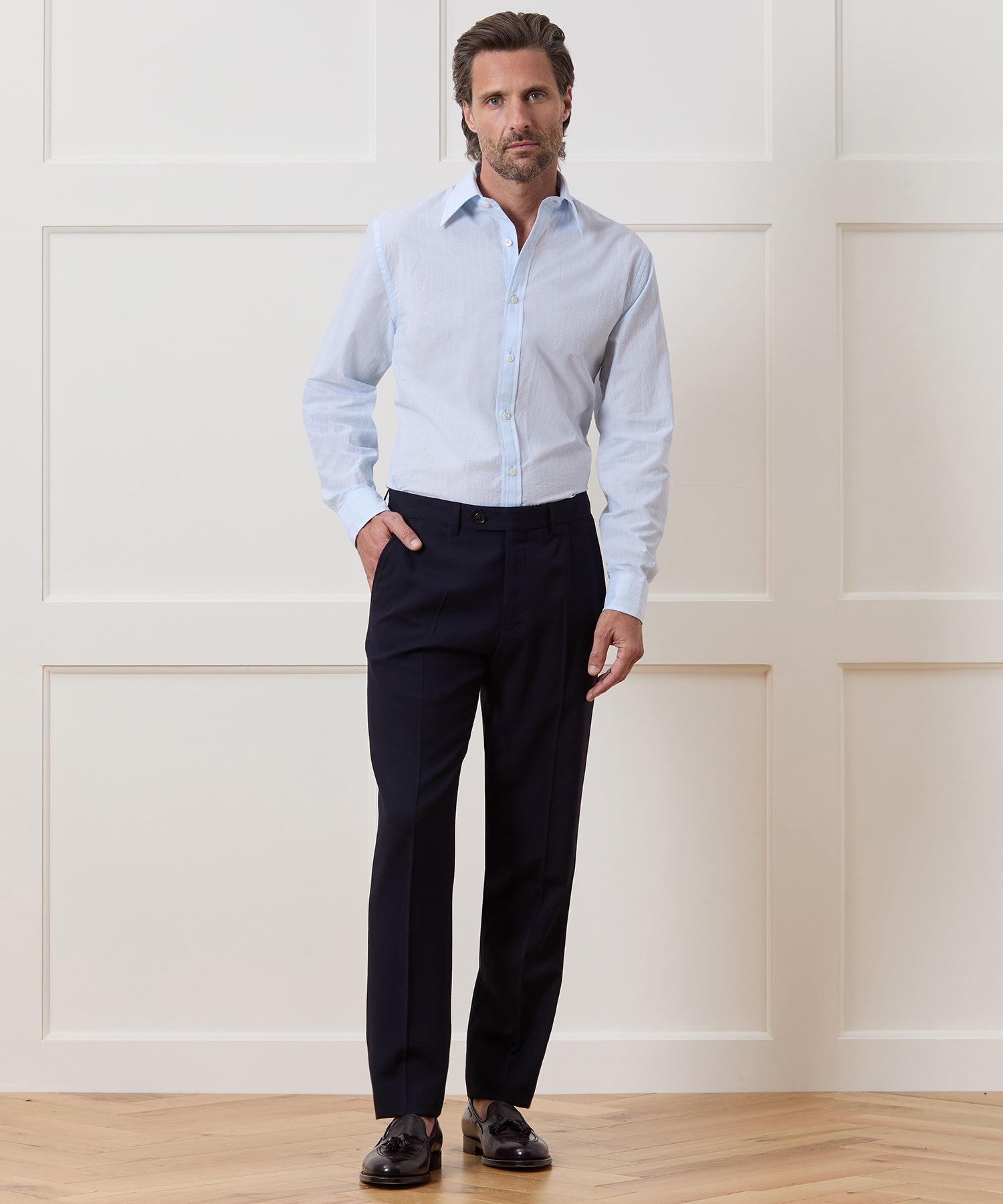 Seersucker Long Point Collar Dress Shirt - Image 5