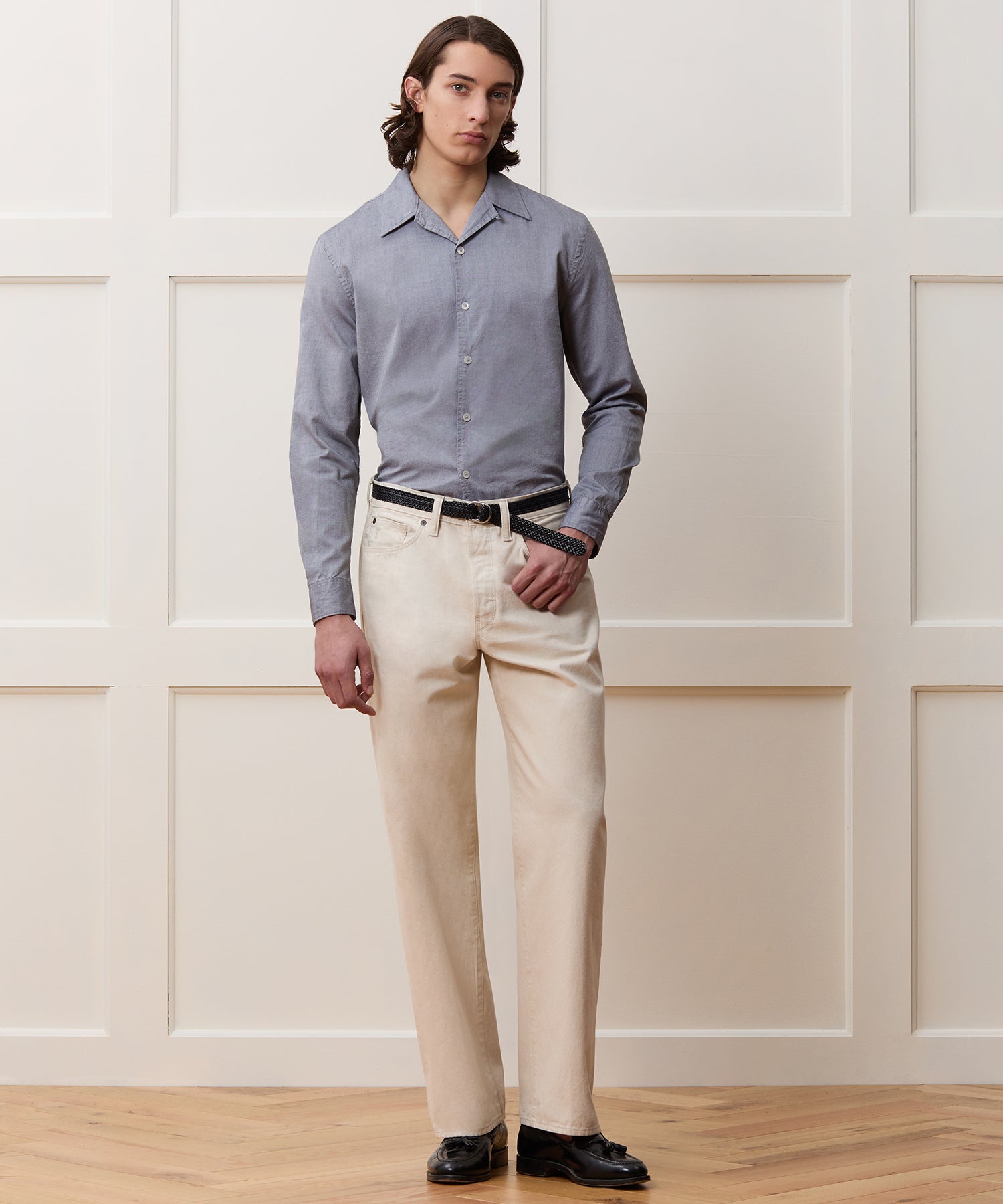 Cropped Cotton Oxford Camp Collar Shirt - Image 3