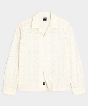 Cropped Embroidered Eyelet Camp Collar Shirt