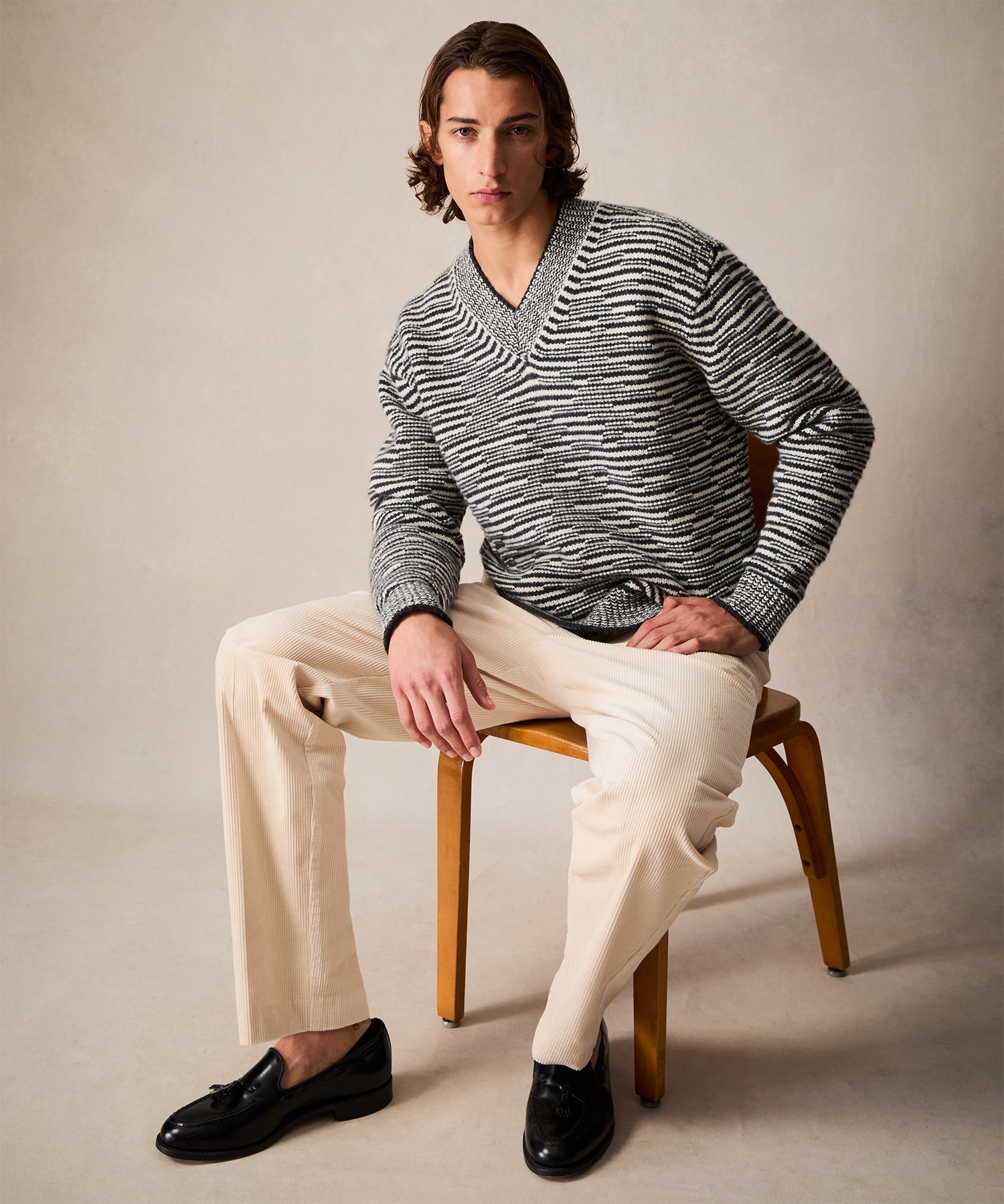 Merino Striped V-Neck Sweater in Charcoal - Image 2