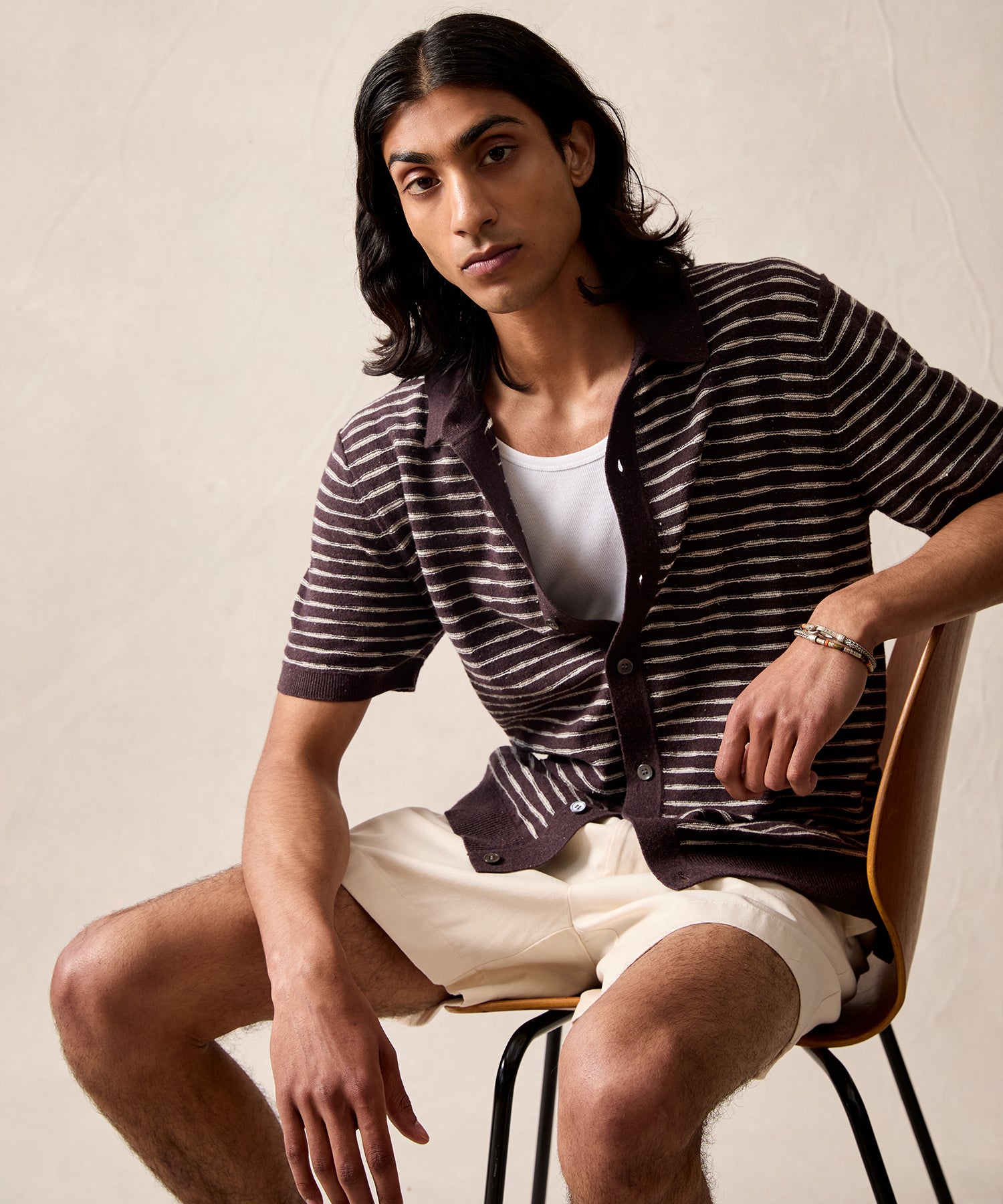 Wave Stripe Full-Placket Polo in Umber - Image 2