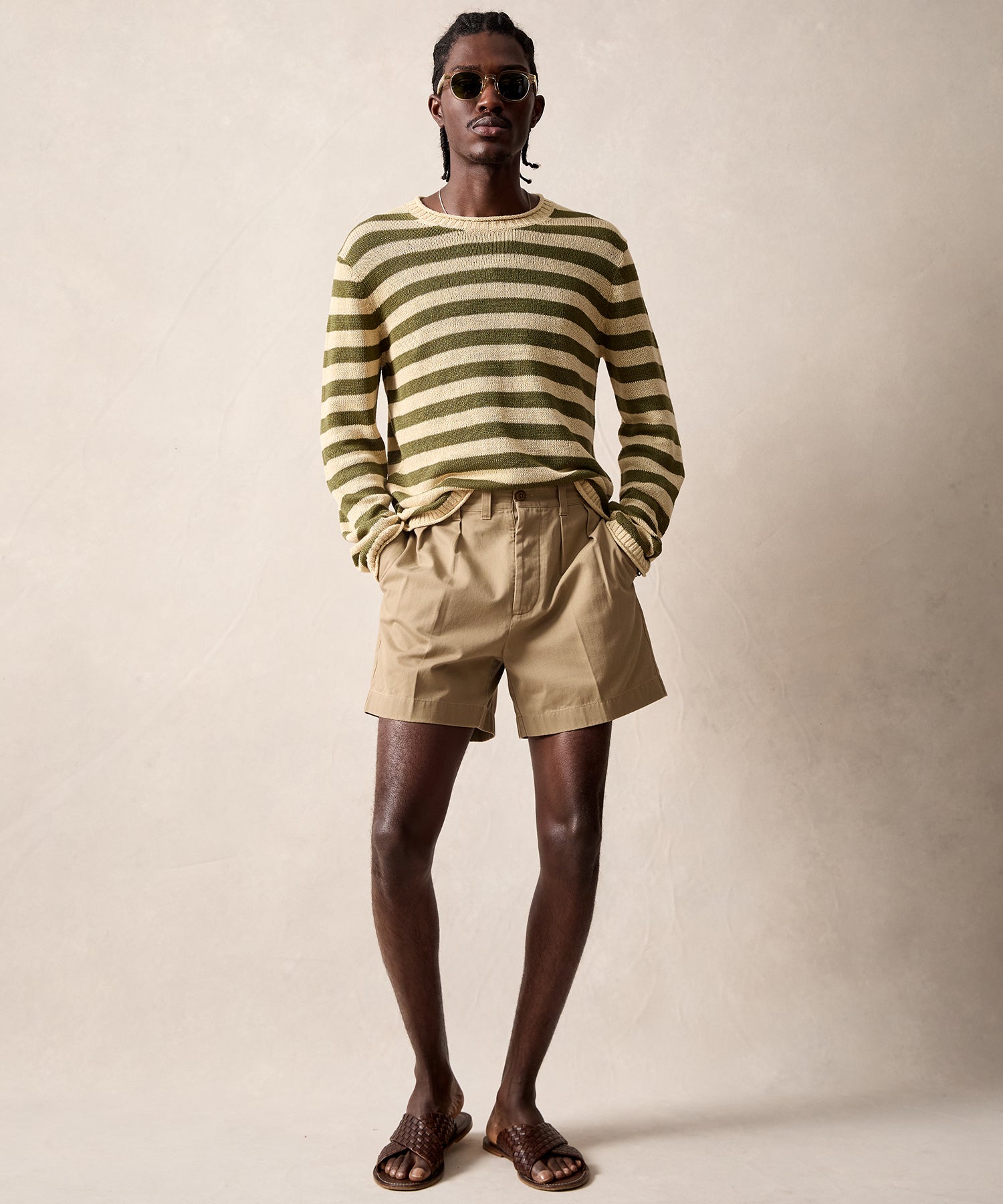 Linen Striped Crewneck in Olive - Image 5