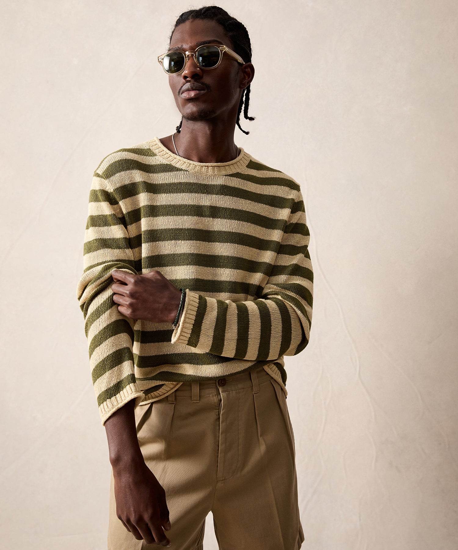 Linen Striped Crewneck in Olive - Image 2