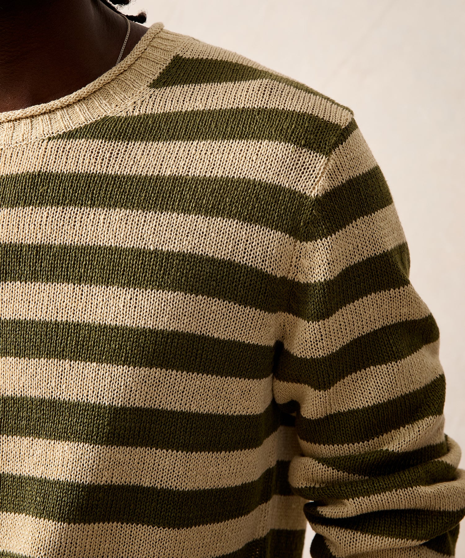 Linen Striped Crewneck in Olive - Image 3
