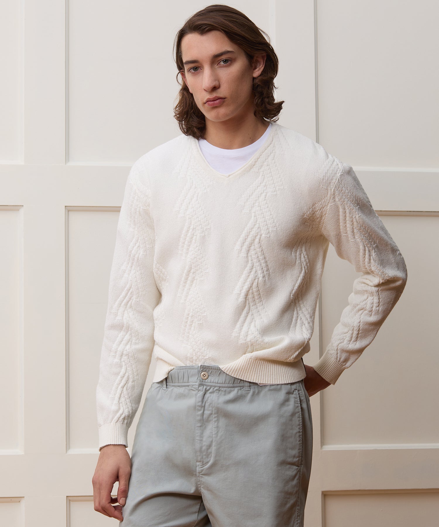 Cotton V-Neck Fisherman Sweater - Image 2