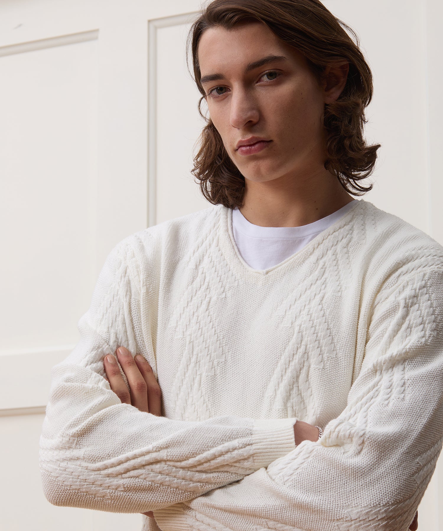 Cotton V-Neck Fisherman Sweater - Image 4