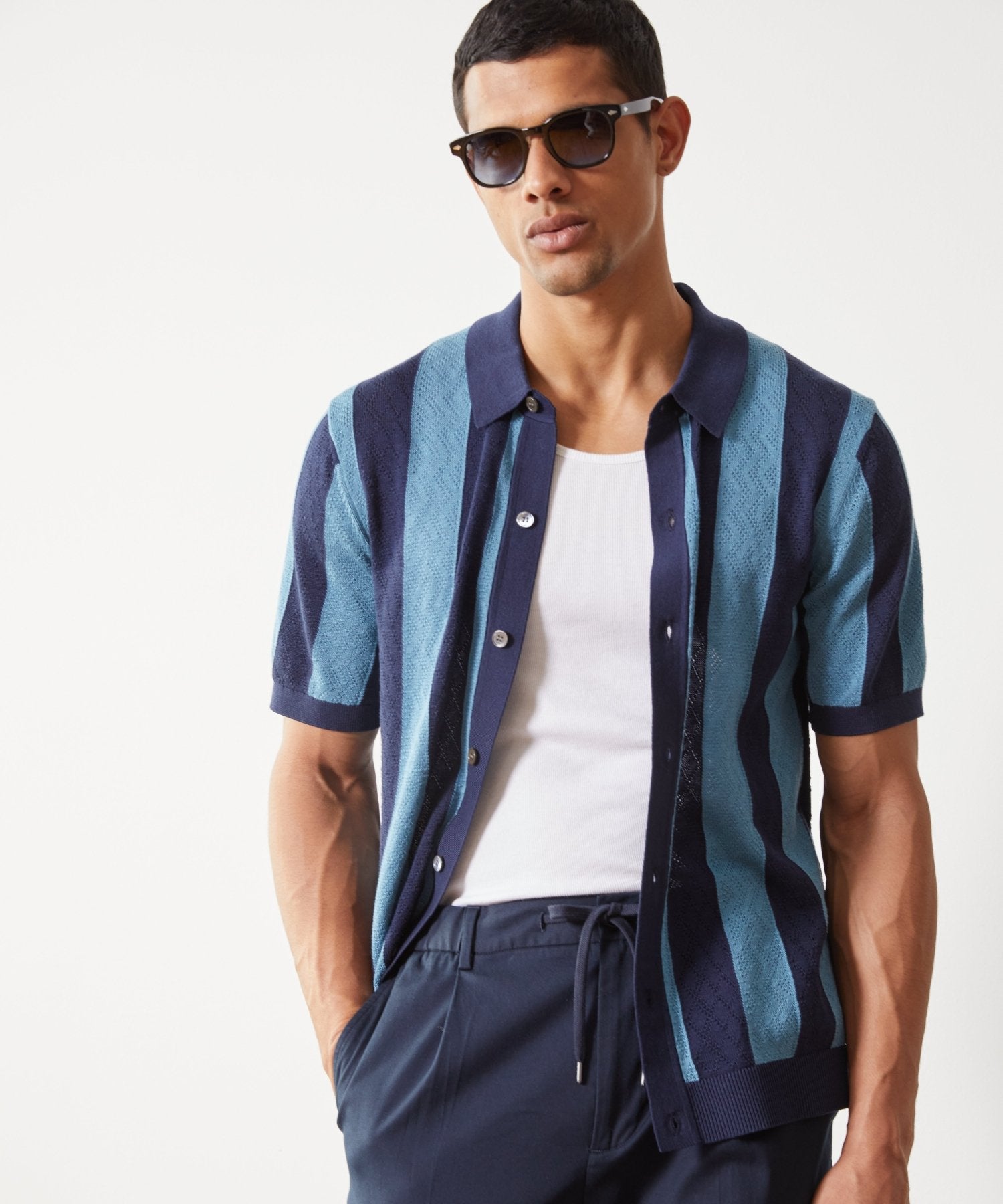 Silk-Cotton Striped Full-Placket Sweater Polo - Image 4