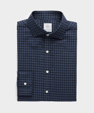 Slim Fit Flannel Spread Collar Dress Shirt in Navy Gingham