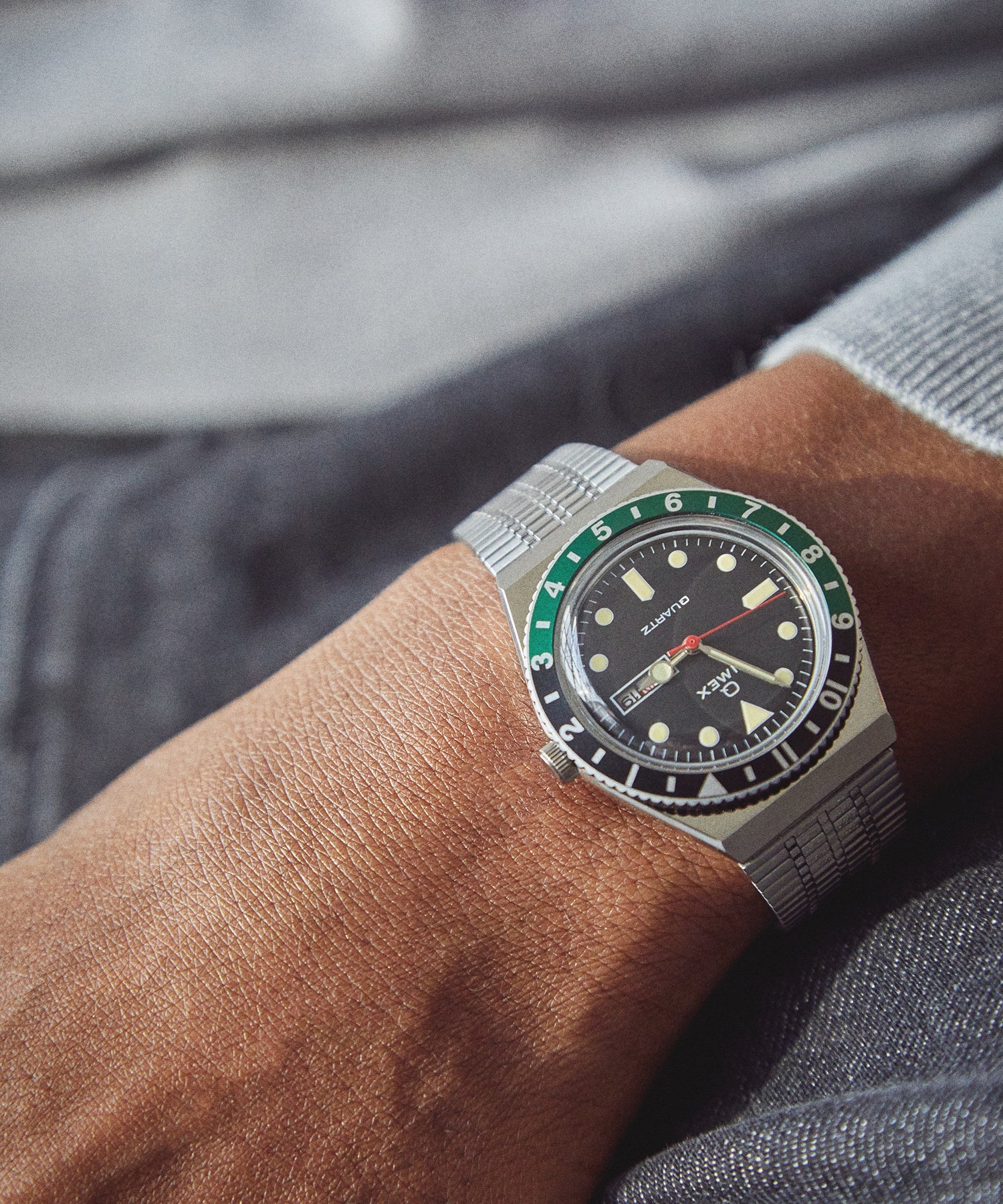 Q Timex Reissue Black Dial with Black/Green Bezel Bracelet Watch - Image 2