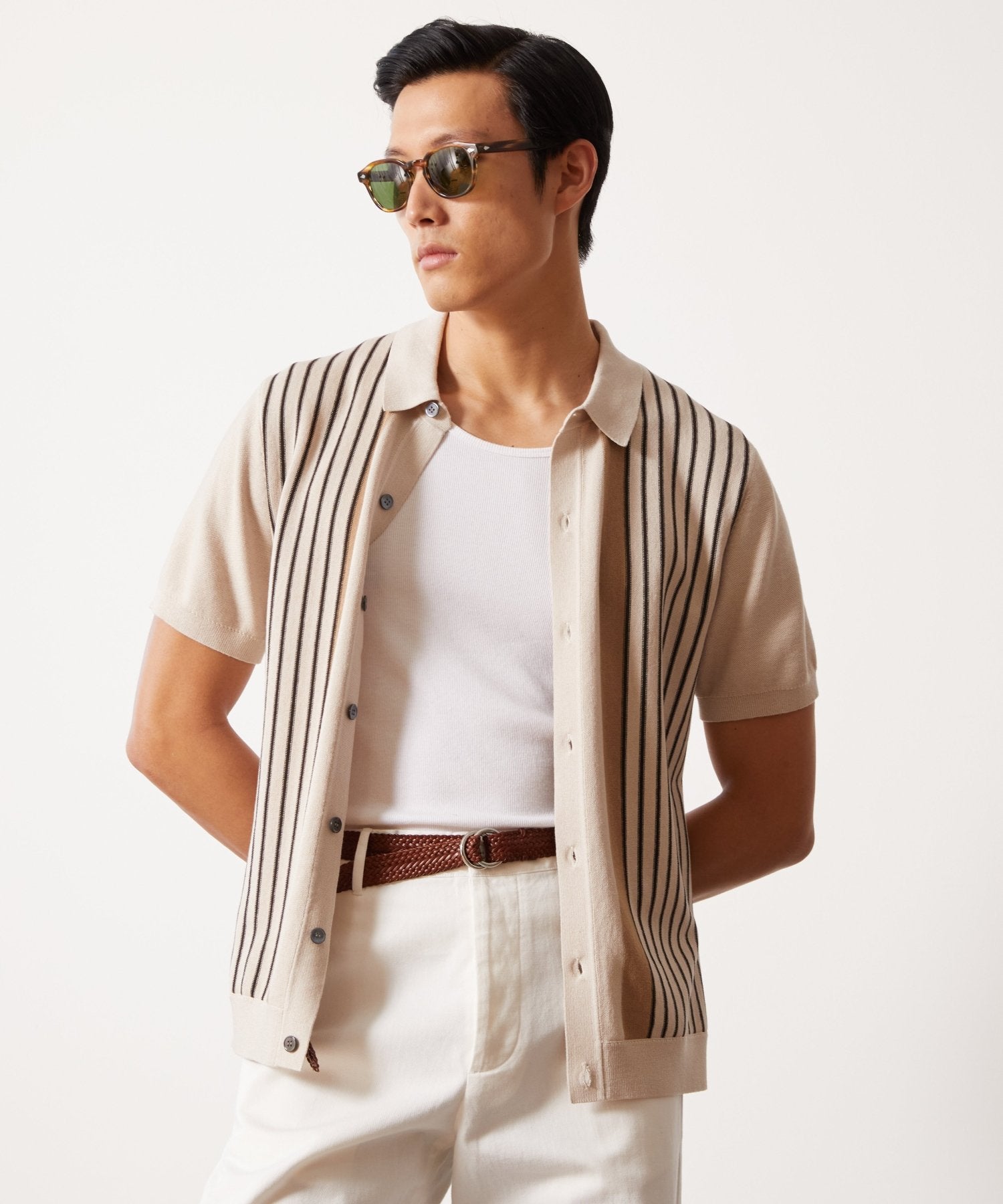 Silk-Cotton Striped Full-Placket Sweater Polo - Image 2